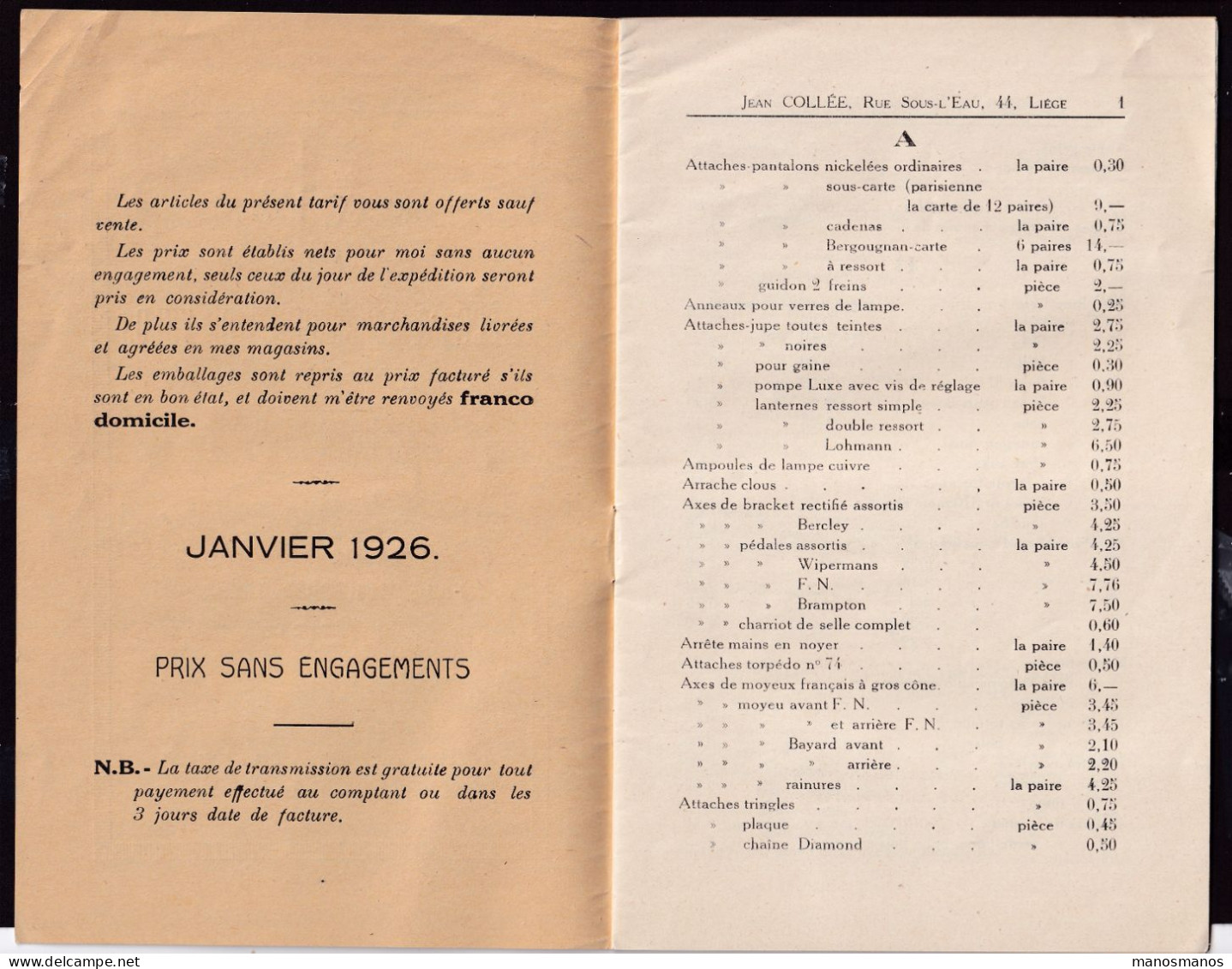 DDGG 004 -- BELGIQUE VELO -  TARIF 1926 Pièces Et Accessoires De Vélos En Gros - Jean Collée à LIEGE , 20 Pages - Vélo