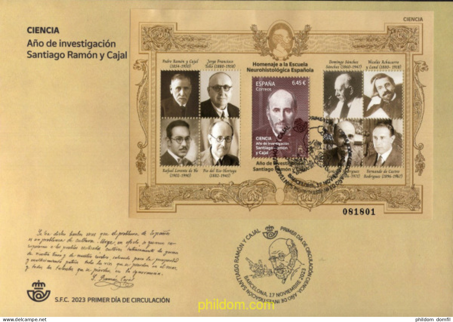 723283 MNH ESPAÑA 2023 CIENCIA. AÑO DE INVESTIGACIÓN SANTIAGO RAMÓN Y CAJAL. HOMENAJE ESCUELA NEUROHISTOLÓGICA ESPAÑOLA. - Neufs