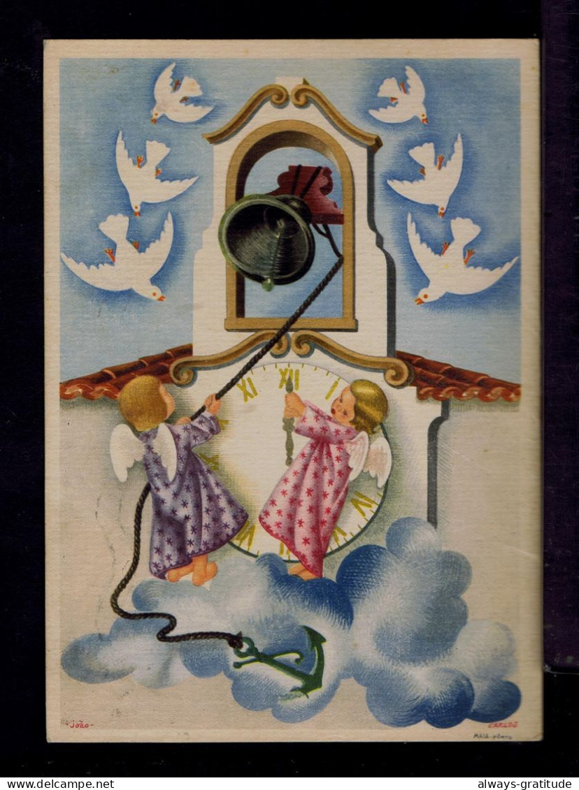 Sp10487 PORTUGAL Used Postal Stationery Noel Christmas 1945 Fêtes "angels Ringing The Bell" Painting By João Gomes - Relojería