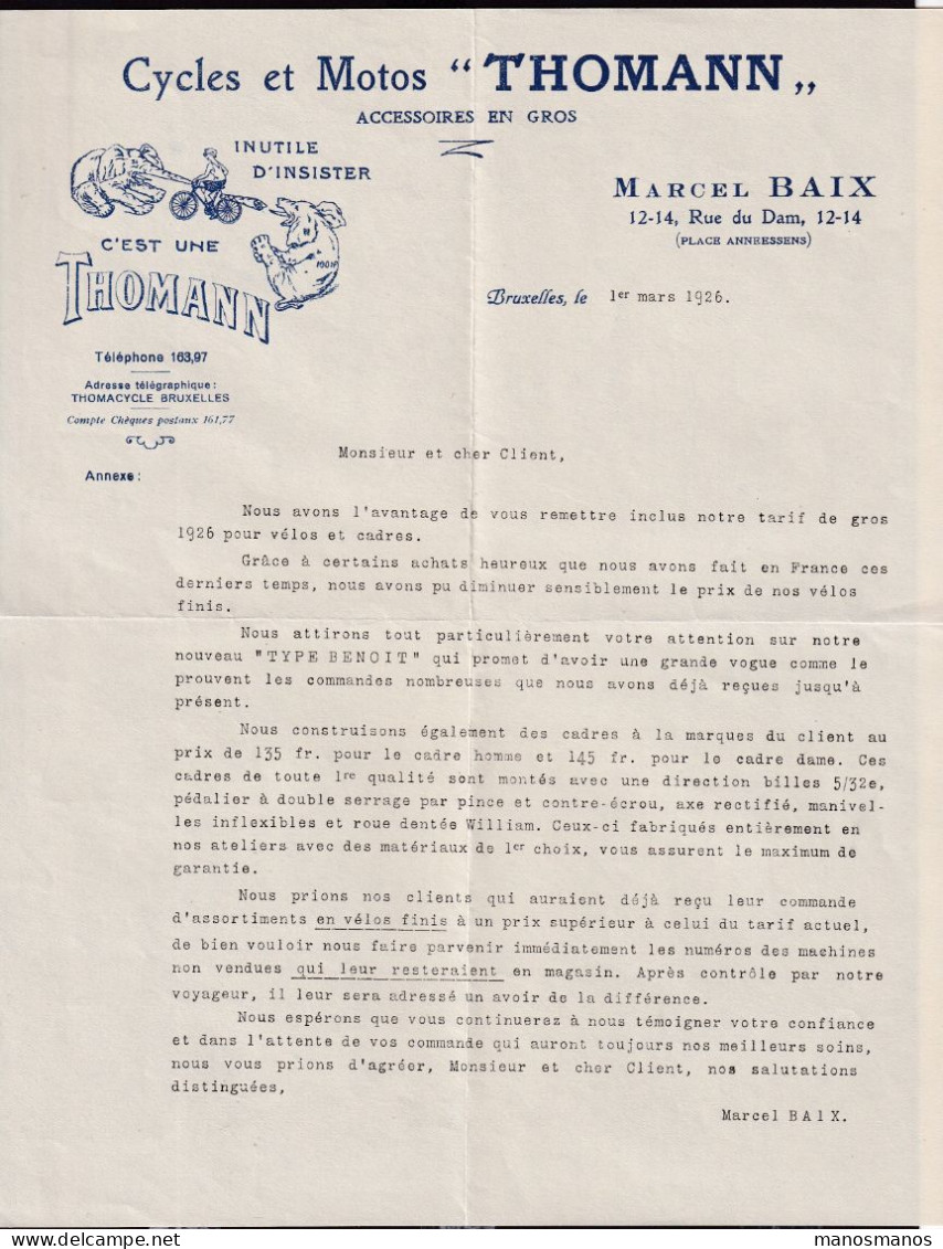 DDGG 005 -- BELGIQUE VELO -  TARIF De Gros 1926 Cycles THOMANN (Nanterre) - La Marque Des Elephants - M. Baix à BXL - Ciclismo