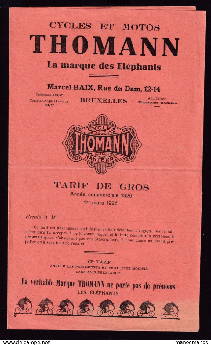 DDGG 005 -- BELGIQUE VELO -  TARIF De Gros 1926 Cycles THOMANN (Nanterre) - La Marque Des Elephants - M. Baix à BXL - Cycling