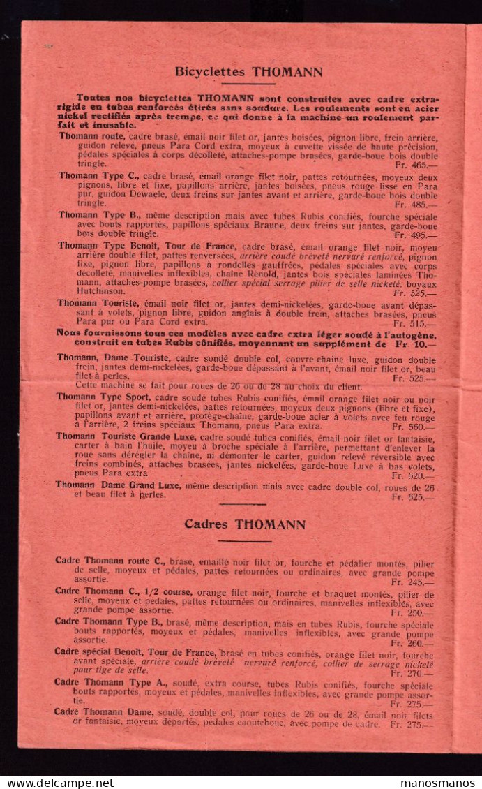DDGG 005 -- BELGIQUE VELO -  TARIF De Gros 1926 Cycles THOMANN (Nanterre) - La Marque Des Elephants - M. Baix à BXL - Radsport