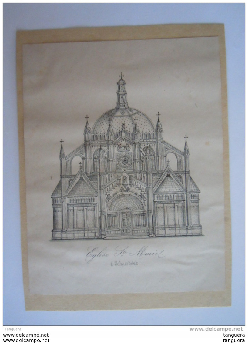 Dessin Tekening Eglise Ste Marie à Schaerbeek-lez -Bruxelles Collée Sur Papier Blanc De 15,2 X 20,8 Cm - Architettura