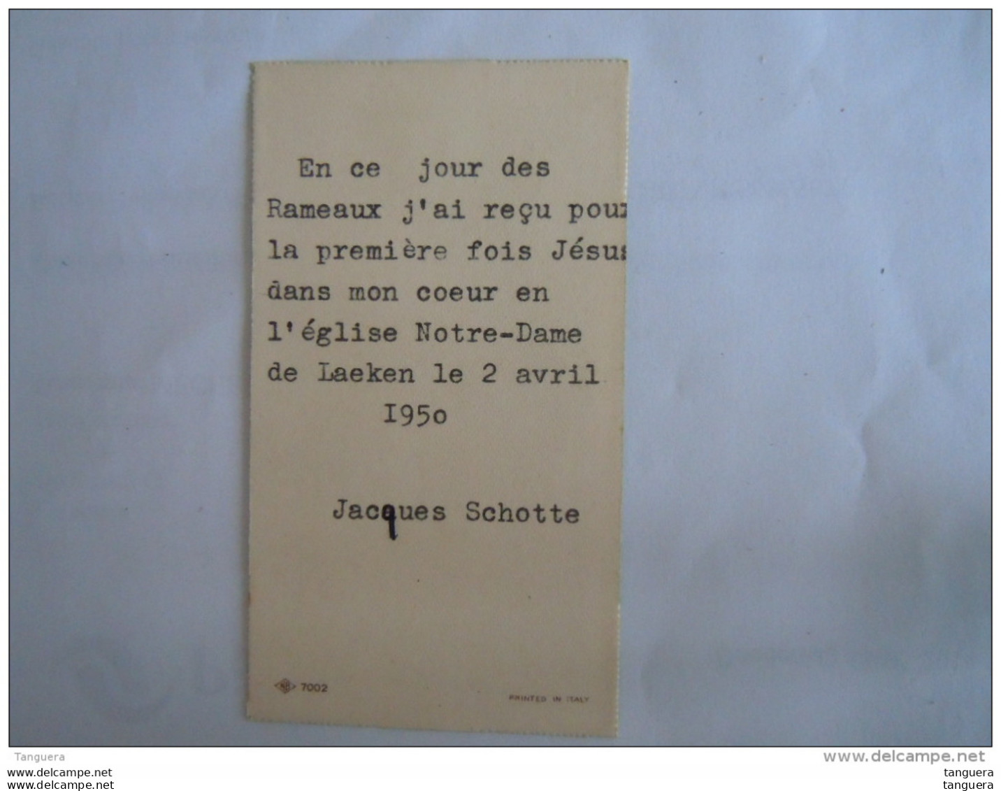 Image Pieuse Holy Card Santini 1950 Communion Jacques Schotte Laeken Engel Ange NB 7002 Italy - Devotieprenten