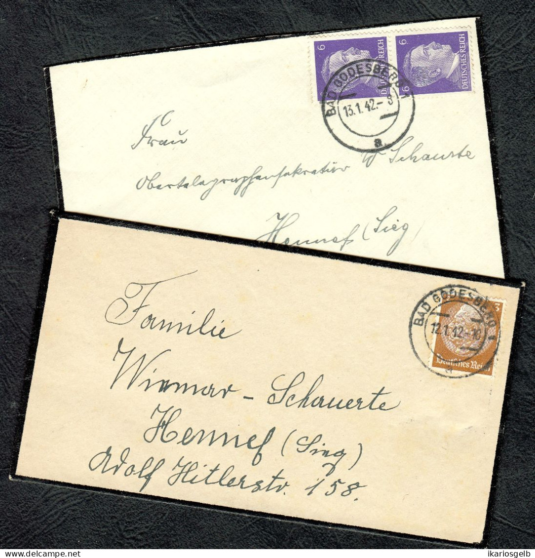 BAD GODESBERG 1942 2xTrauerbriefe DrS +3Pf-Hindenburg/6/6-Pf-DS +Orts-o Heimatbeleg > Hennef Sieg - Covers & Documents