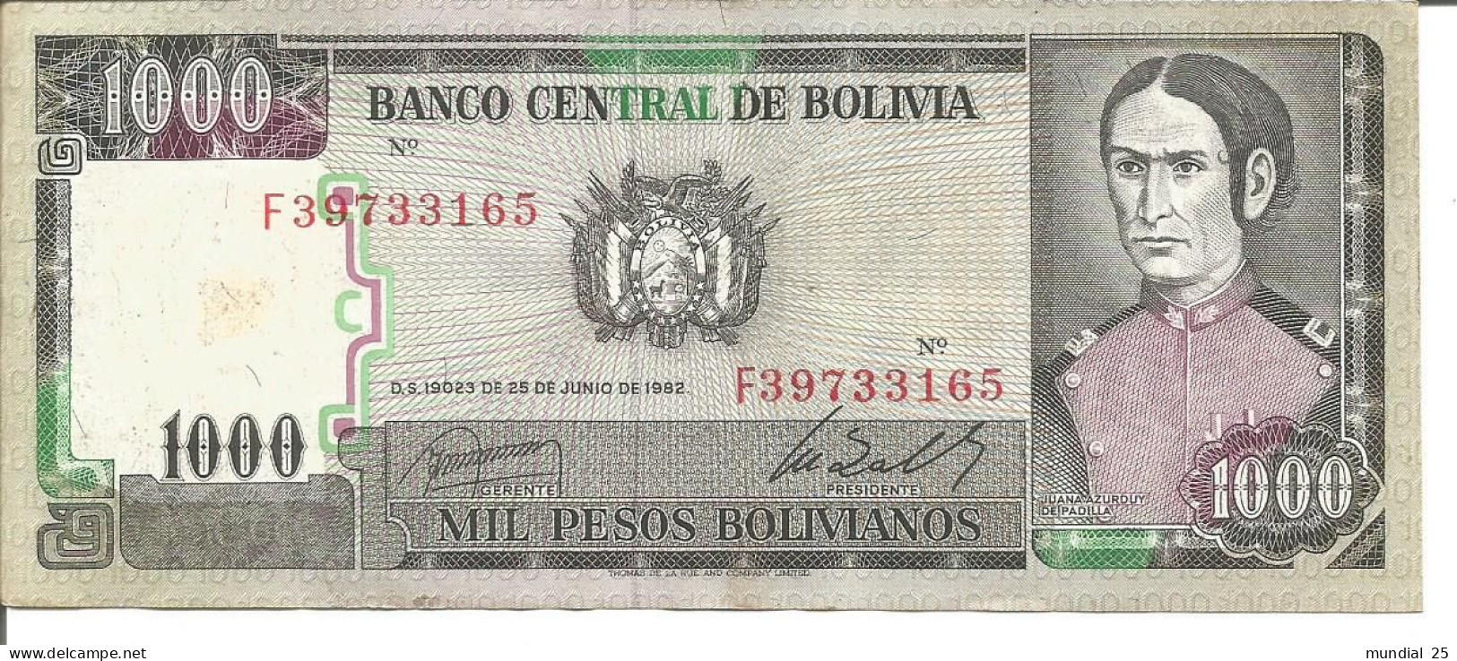 BOLIVIA 1.000 PESOS BOLIVIANOS - D.S 19023 DE 25/06/1962 - Bolivië
