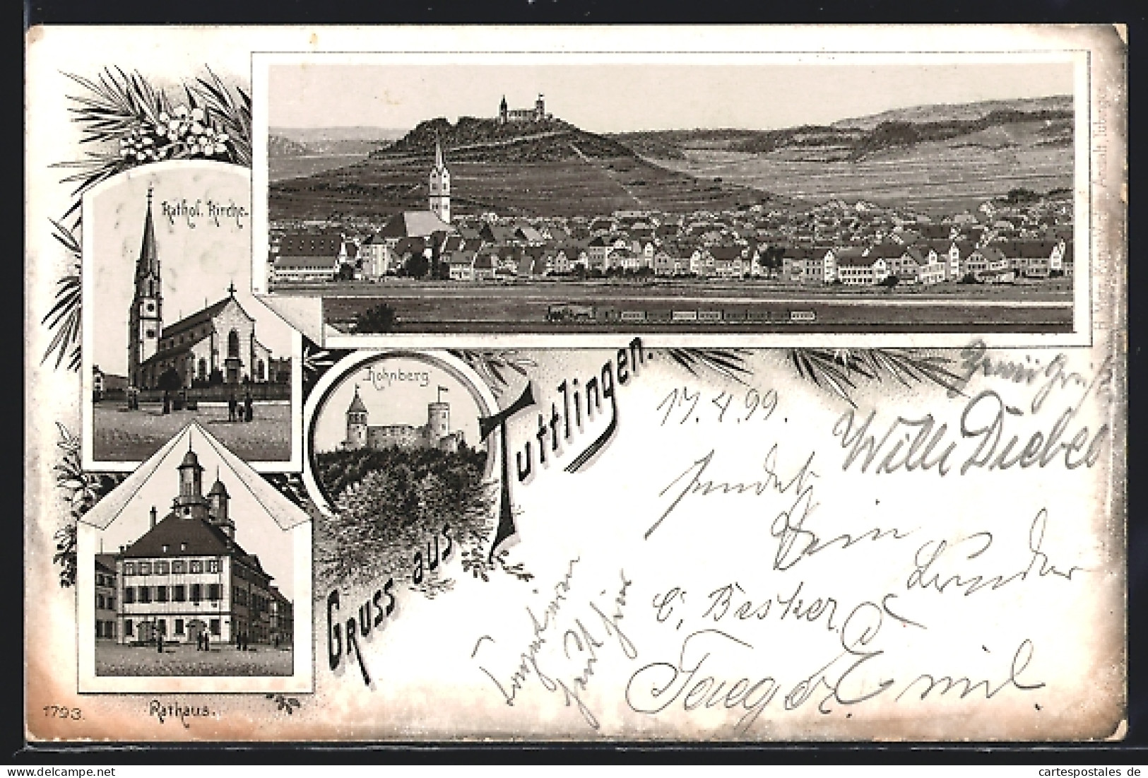 Lithographie Tuttlingen, Burg Hohnberg, Rathaus, Kathol. Kirche  - Tuttlingen