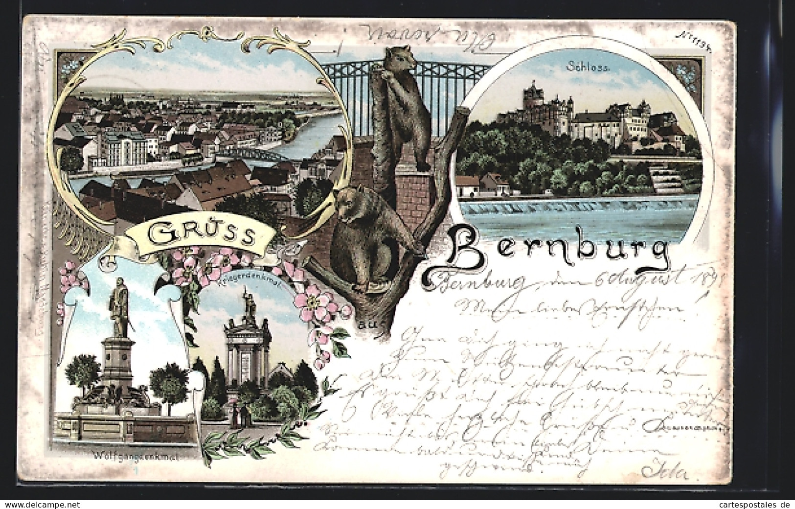 Lithographie Bernburg, Totalansicht, Schloss, Wolfgangdenkmal & Bären  - Bernburg (Saale)