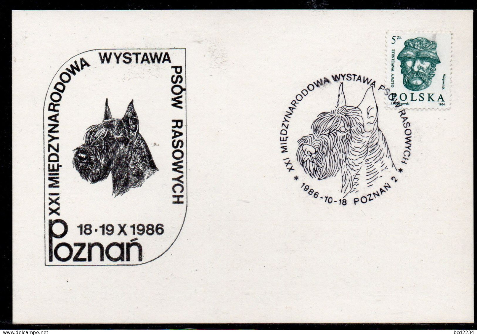 POLAND 1986 XXI INTERNATIONAL PEDIGREE DOG SHOW POZNAN SPECIAL CANCEL ON PC DOGS POLISH SCOTTISH TERRIER - Honden