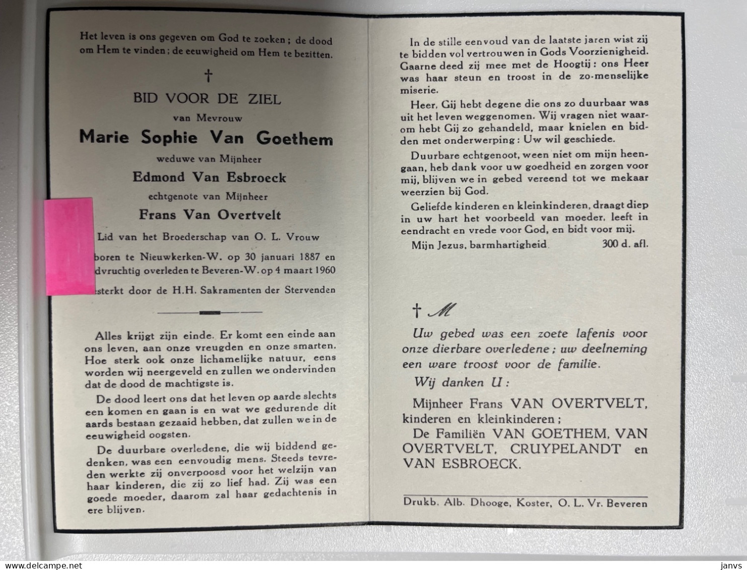 Devotie DP - Overlijden Marie Van Goethem Wwe Van Esbroeck - Echtg Van Overtvelt - Nieuwerken W 1887- Beveren-Waas 1960 - Décès