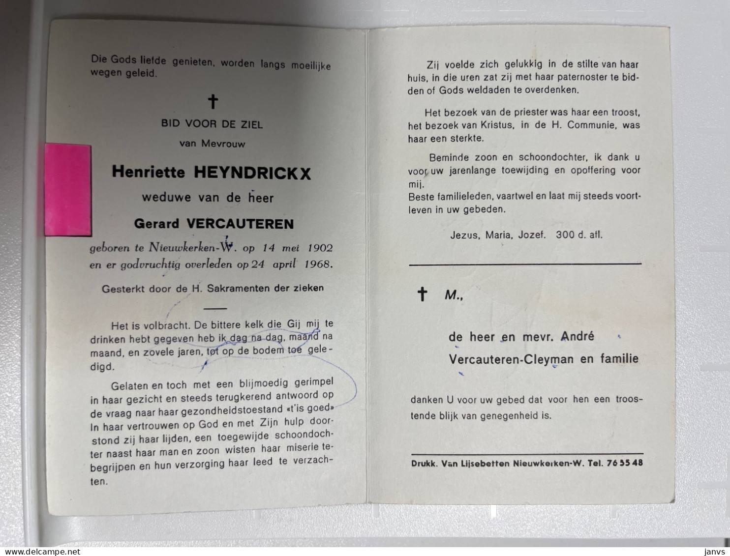 Devotie DP - Overlijden Henriette Heyndrickx Wwe Vercauteren - Nieuwkerken-W 1902 - 1968 - Décès