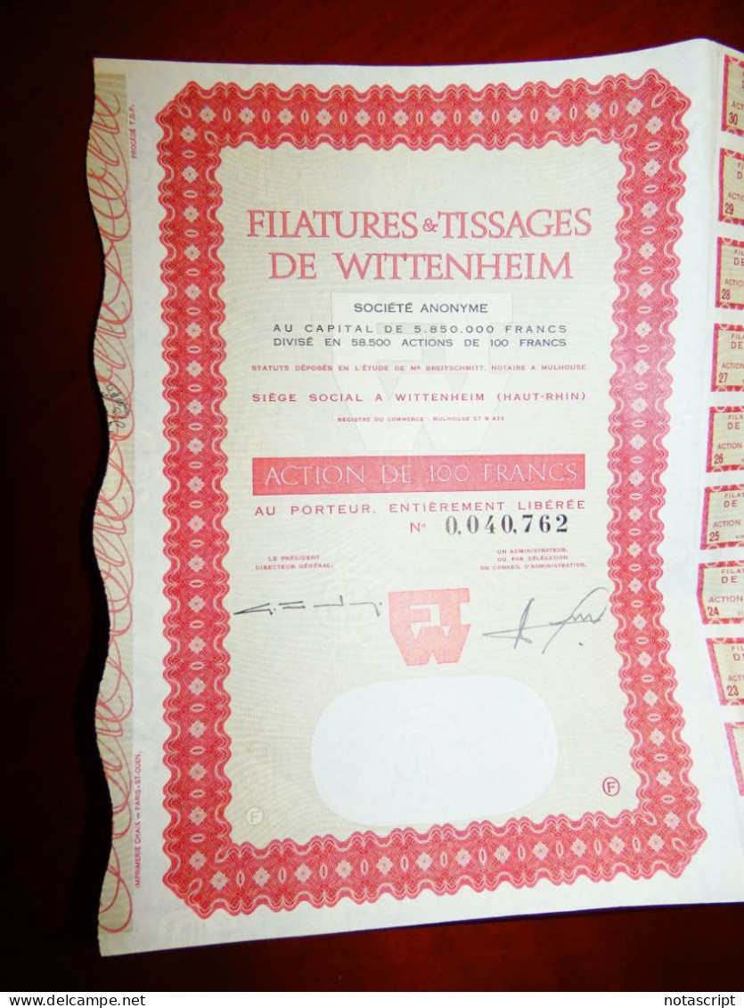 FILATURES & TISSAGES DE WITTENHEIM Société Anonyme",Wittenheim France ,Share Certificate - Textile