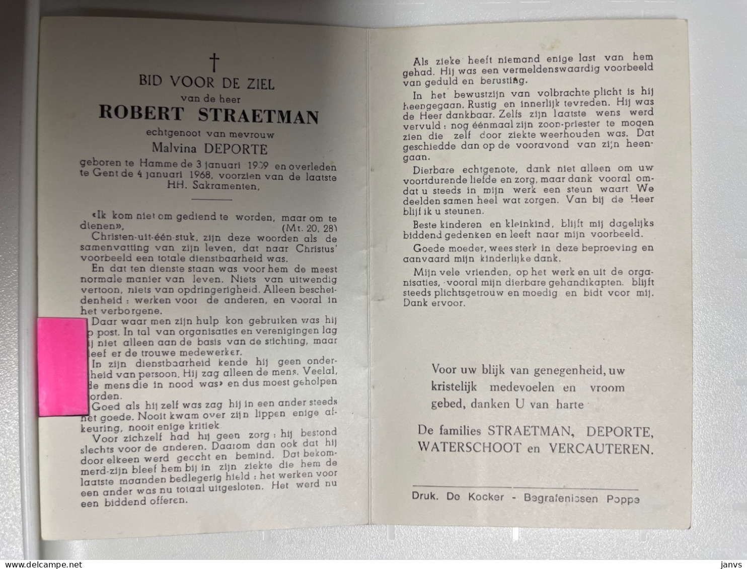 Devotie DP - Overlijden Robert Straetman Echtg Deporte - Hamme 1909 - Gent 1968 - Décès