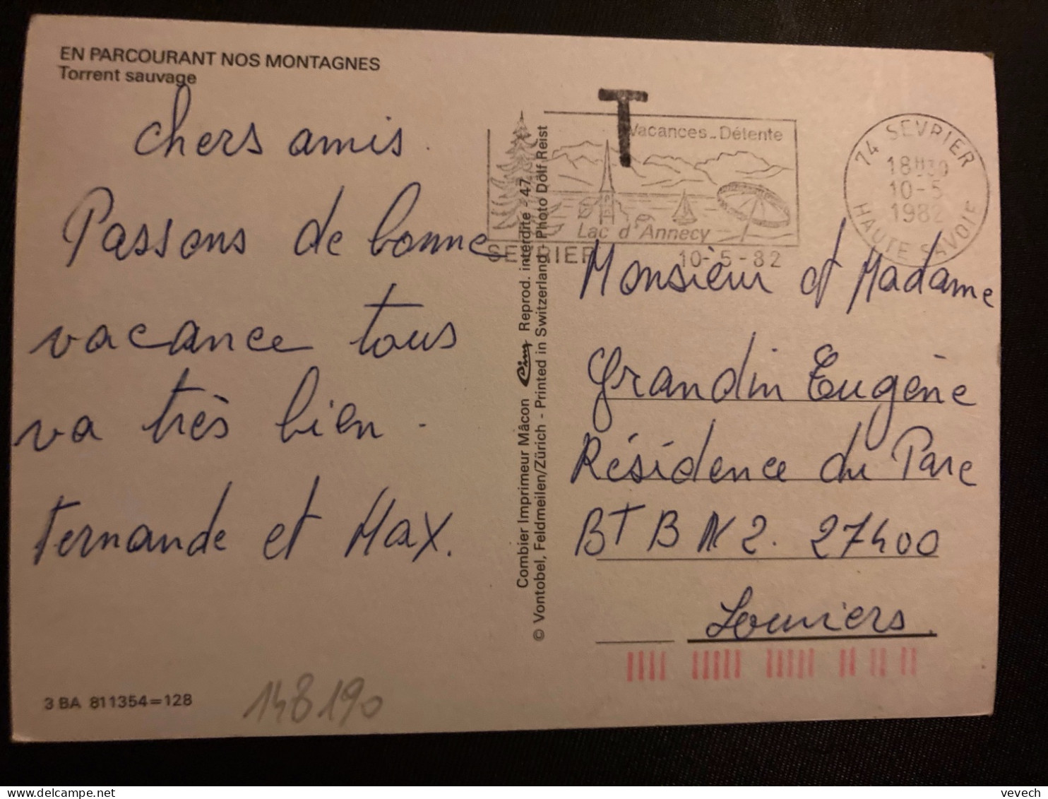 CP OBL.MEC.10-5 1982 74 SEVRIER HAUTE SAVOIE + T De TAXE - 1960-.... Lettres & Documents