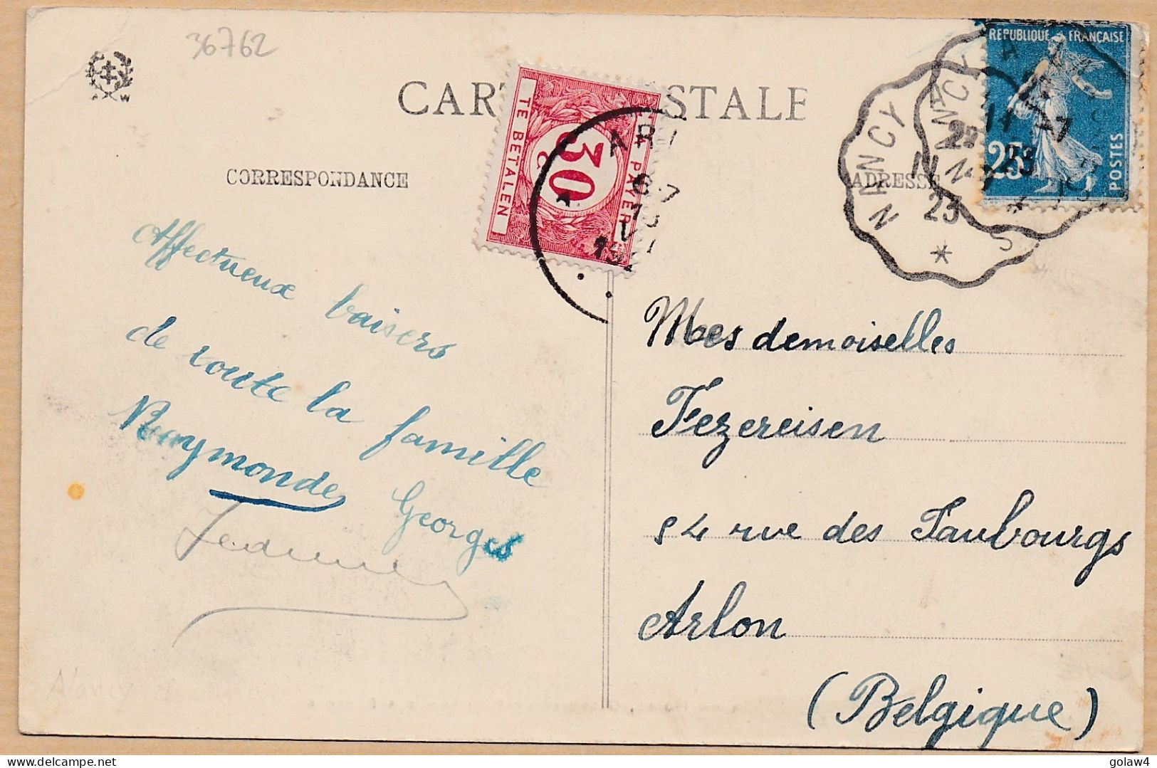 36762# CARTE POSTALE TAXE BELGE ARLON Obl NANCY A LANGRES 1923 CONVOYEUR LIGNE MEURTHE ET MOSELLE HAUTE MARNE - Bahnpost