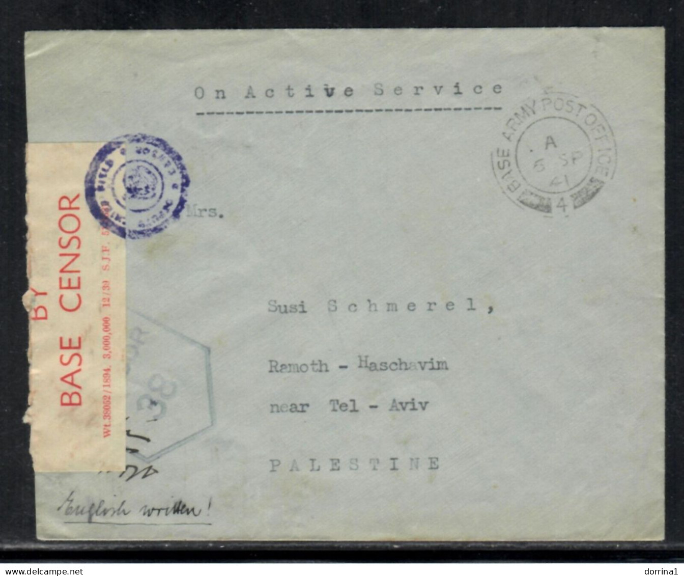 1941 Cover Palestine Mandate Examined By Base Censor - On Active Service - Sonstige & Ohne Zuordnung