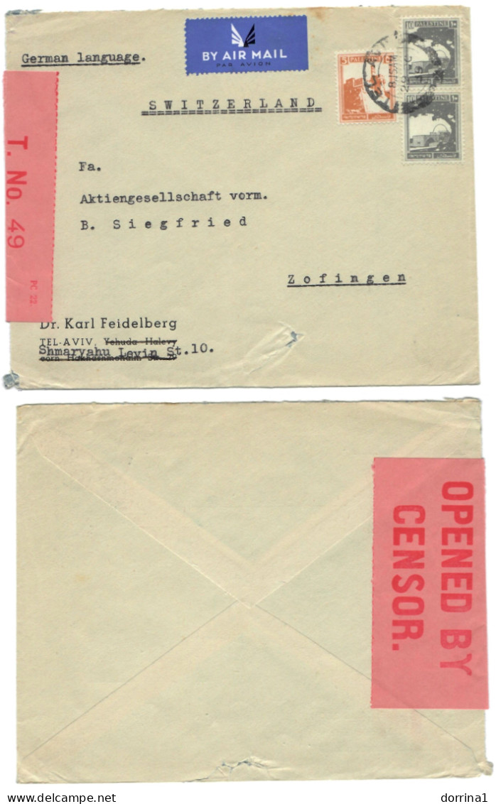 1939 Cover Tel Aviv Palestine Opened By Censor T No. 49 British Mandate AirMail - Other & Unclassified