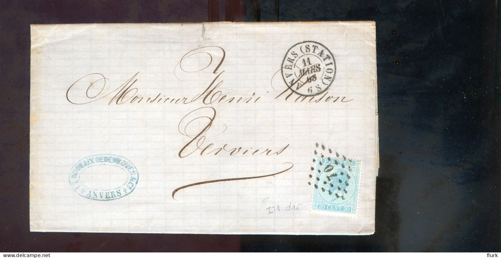 België OCB18 Gestempeld Op Brief Anvers-Verviers 1868 Perfect (2 Scans) - 1865-1866 Profiel Links