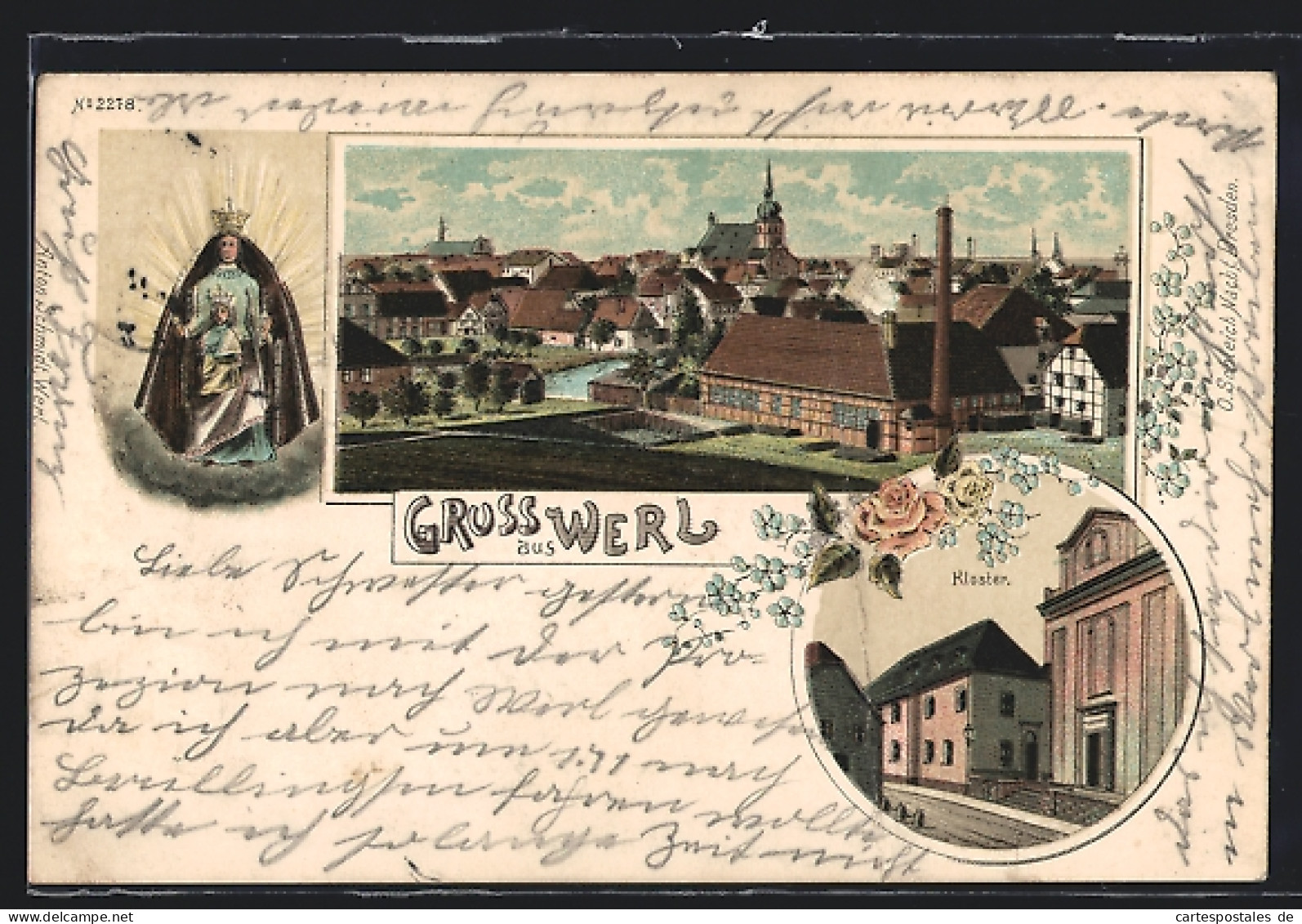 Lithographie Werl, Teilansicht, Kloster, Gnadenbild  - Werl