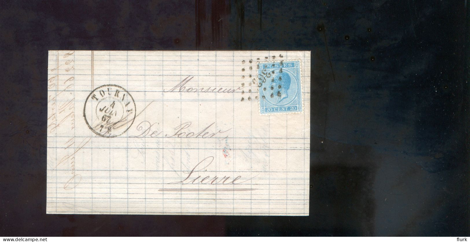 België OCB18 Gestempeld Op Brief Tournay-Lierre 1867 Perfect (2 Scans) - 1865-1866 Profil Gauche