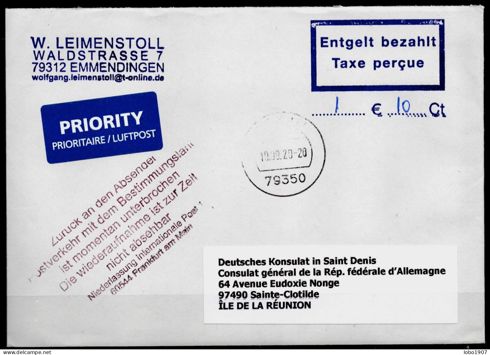 Corona Covid 19 Postal Service Interruption "Zurück An Den Absender... " Reply Coupon Paid Cover To LA REUNION - Krankheiten