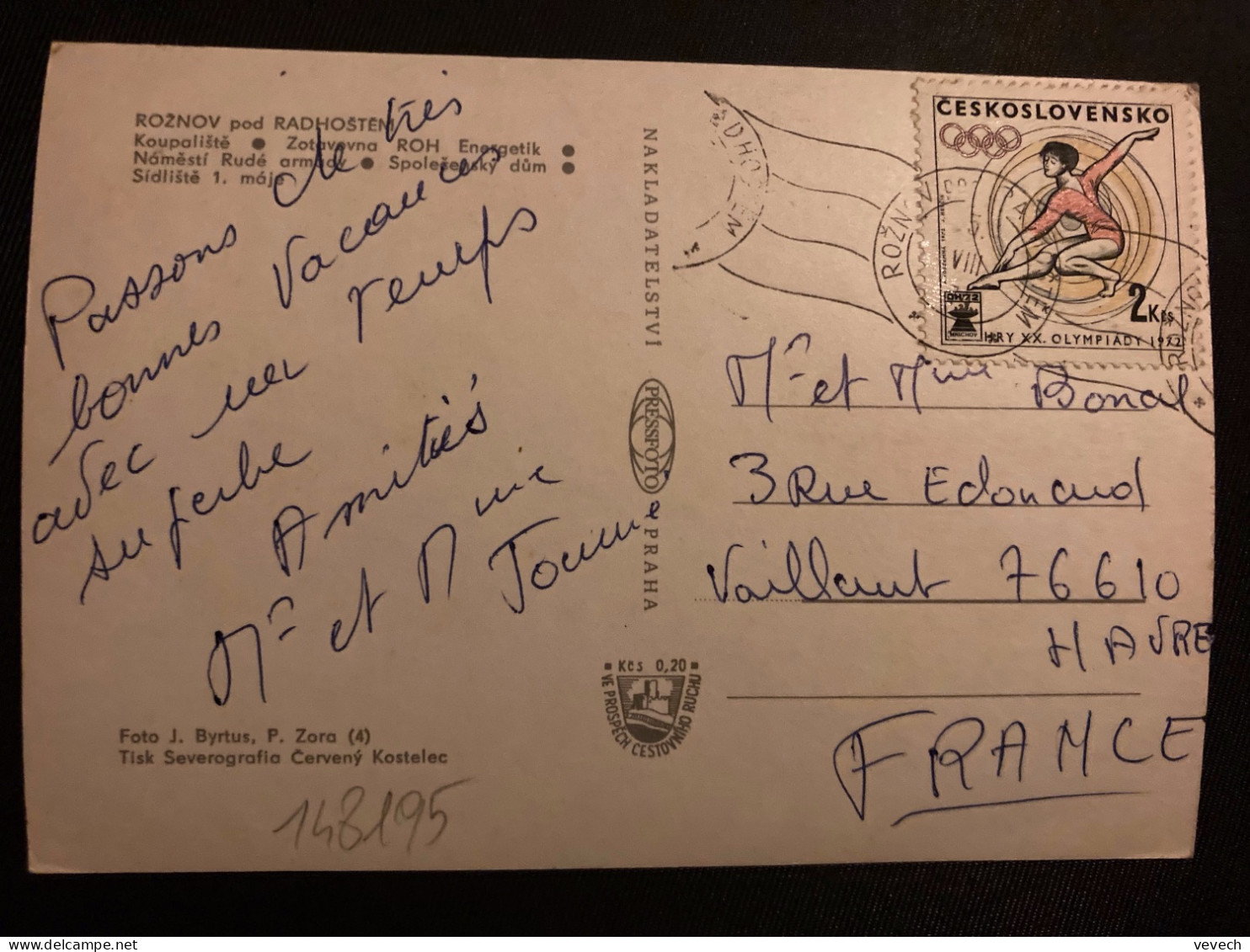 CP Pour La FRANCE TP JO MUNICH 1972 2 Kcs OBL.MEC.5 VIII 7? ROZNOV - Cartas & Documentos
