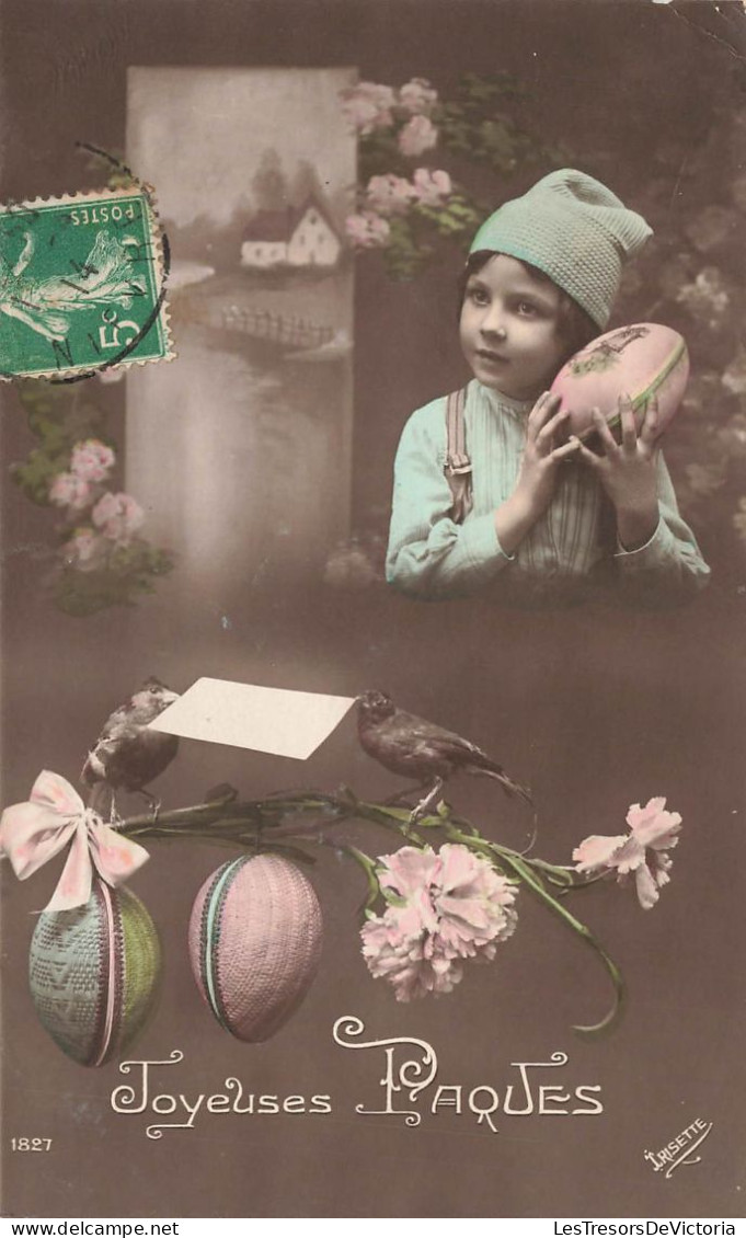 FETES - VOEUX - Pâques - Joyeuse Pâques - Enfant - œufs - Oiseaux - Lettre - Fleur - Colorisé - Carte Postale Ancienne - Easter