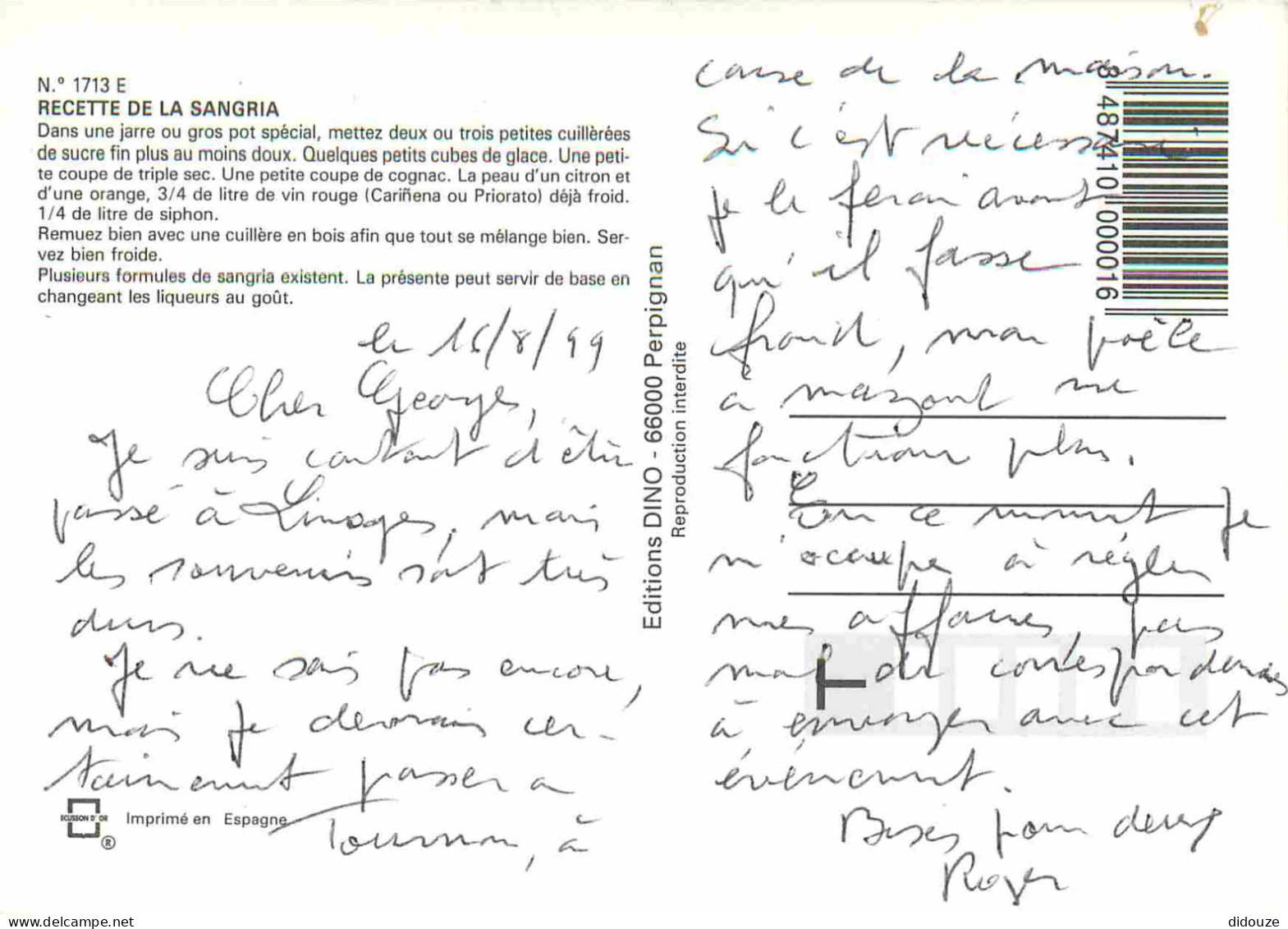 Recettes De Cuisine - Sangria - Gastronomie - CPM - Voir Scans Recto-Verso - Recetas De Cocina