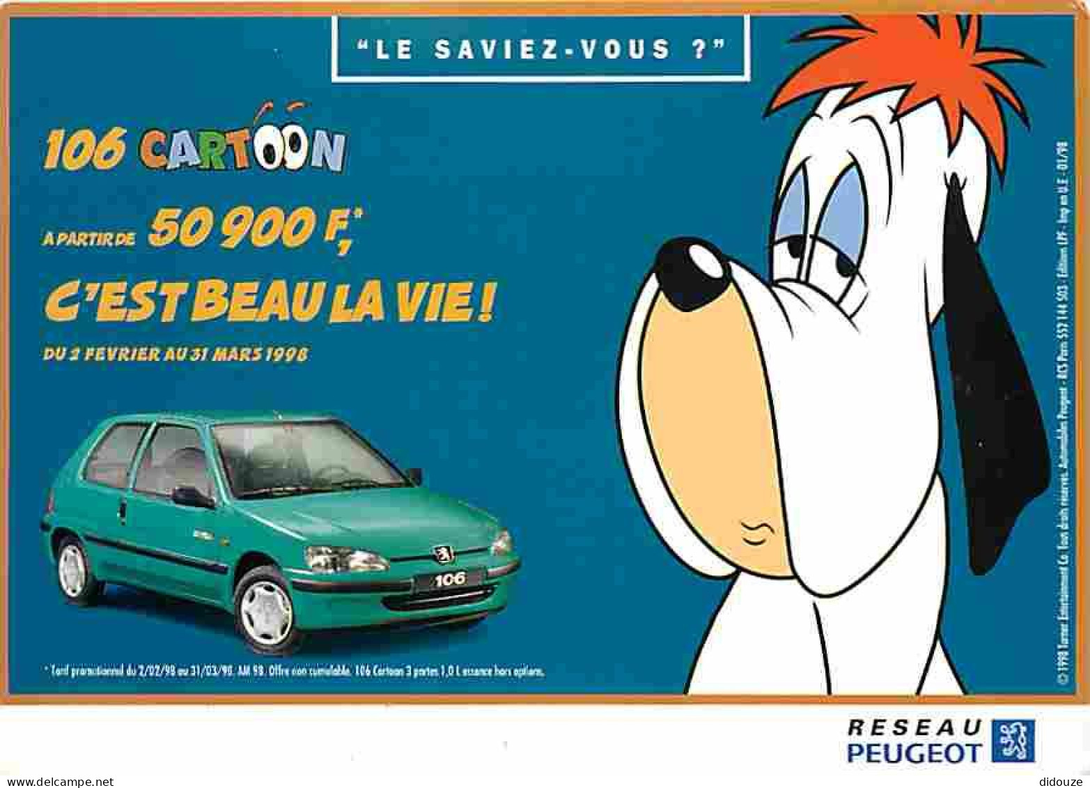 Automobiles - Peugeot 106 Cartoon - Droopy - Carte Neuve - CPM - Voir Scans Recto-Verso - Voitures De Tourisme