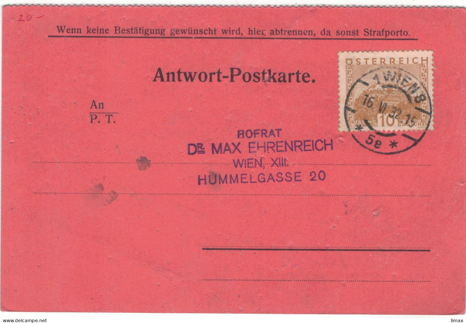 Wien 1932 Antwortkarte > Ehrenreich - Ortskarte Antwort - Lettres & Documents