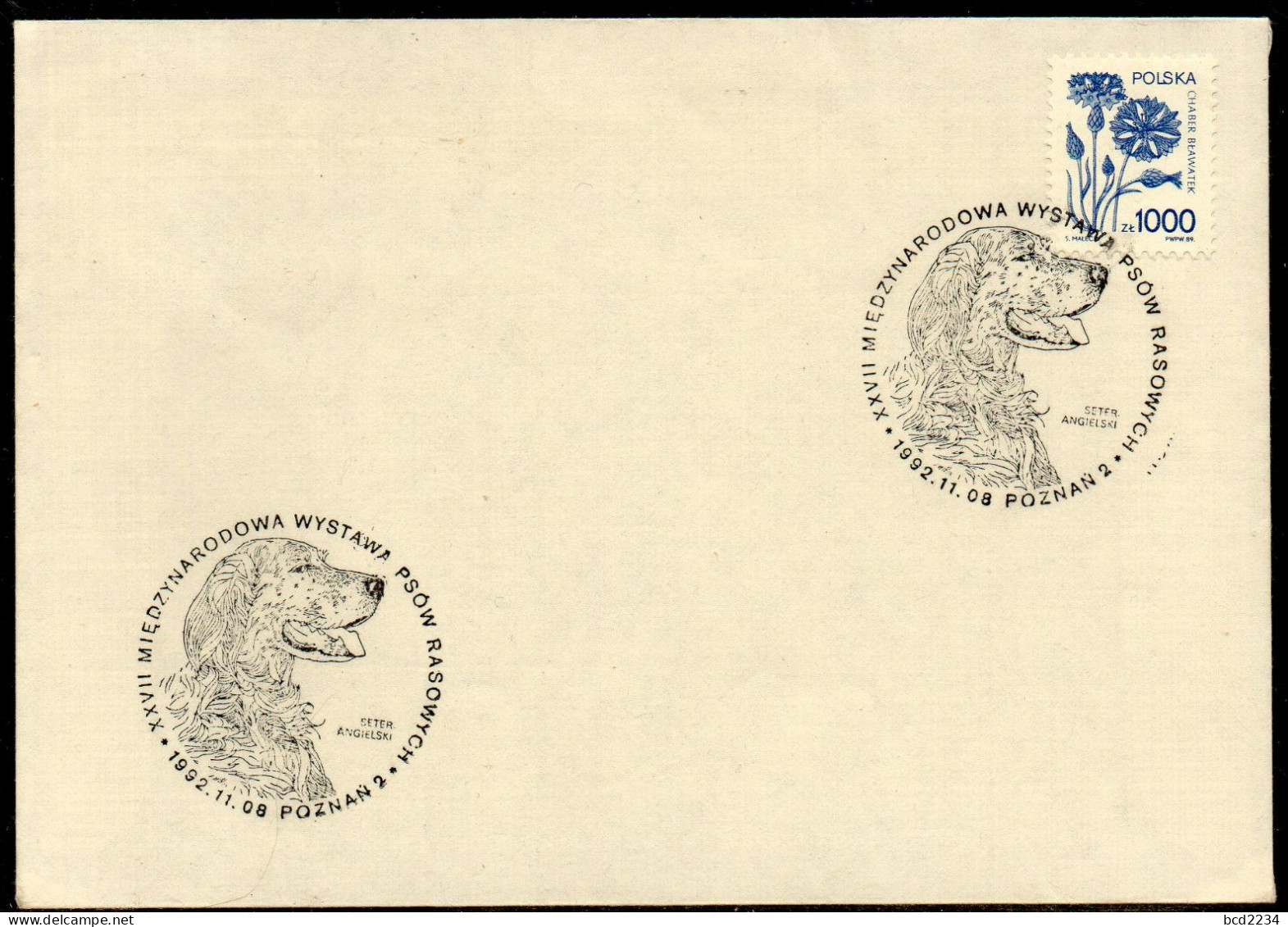 POLAND 1992 XXVII INTERNATIONAL PEDIGREE DOG SHOW POZNAN SPECIAL CANCEL ON COVER DOGS DOG ENGLISH SETTER - Hunde