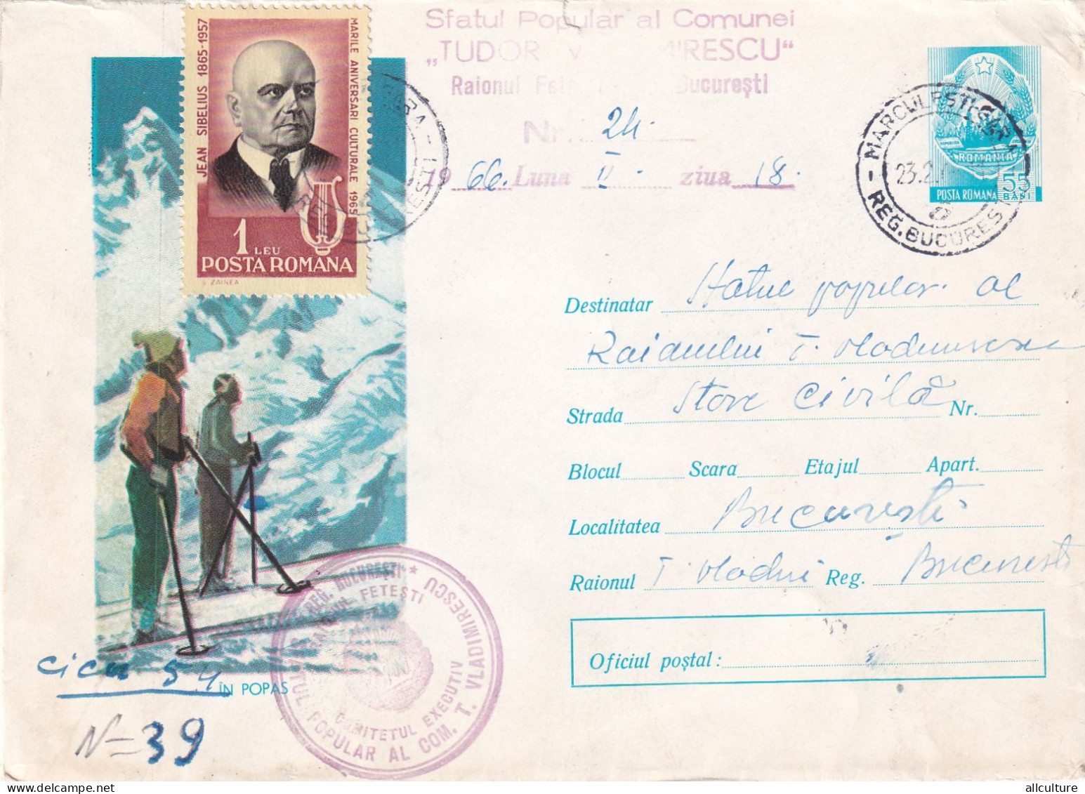 A24541  -  Ski Mountain Popas BRAKE  Cover Stationery 1965 ROMANIA - Interi Postali