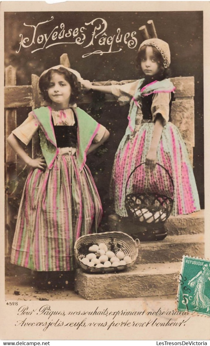 FETES - VOEUX - Pâques - Joyeuses Pâques - Enfants - Fleurs - Filles - œufs - Colorisé - Carte Postale Ancienne - Ostern