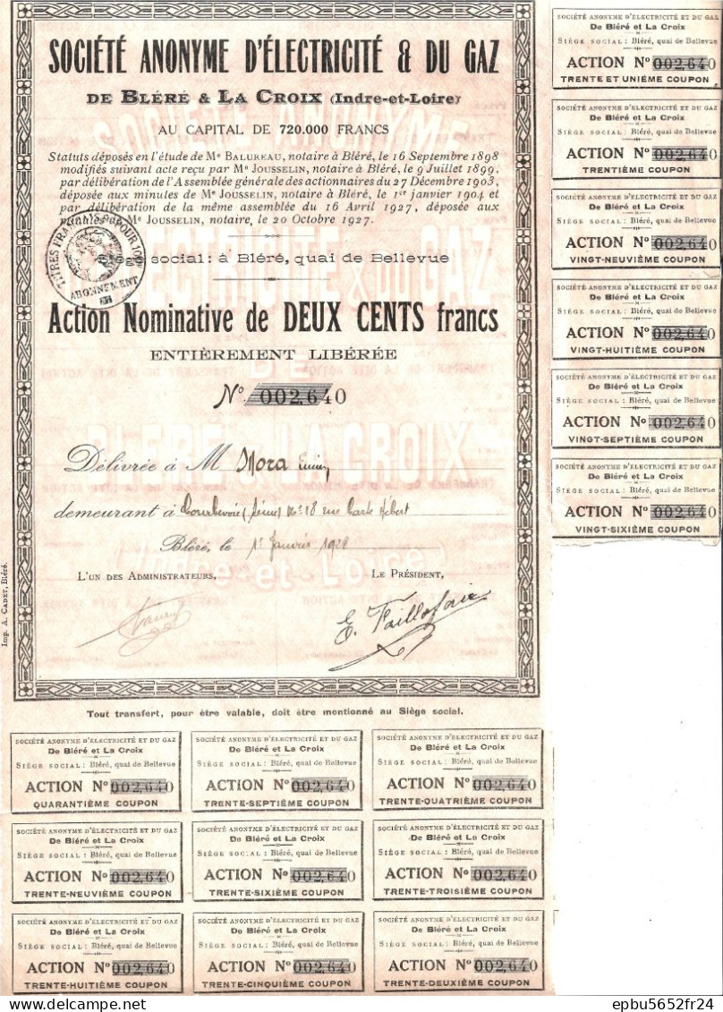 Sté Anonyme D'Electricité Et Du Gaz De Bléré & La Croix  Action Nominative De 200 Francs 1928  N° 2.640 - 15 Coupons - Electricité & Gaz