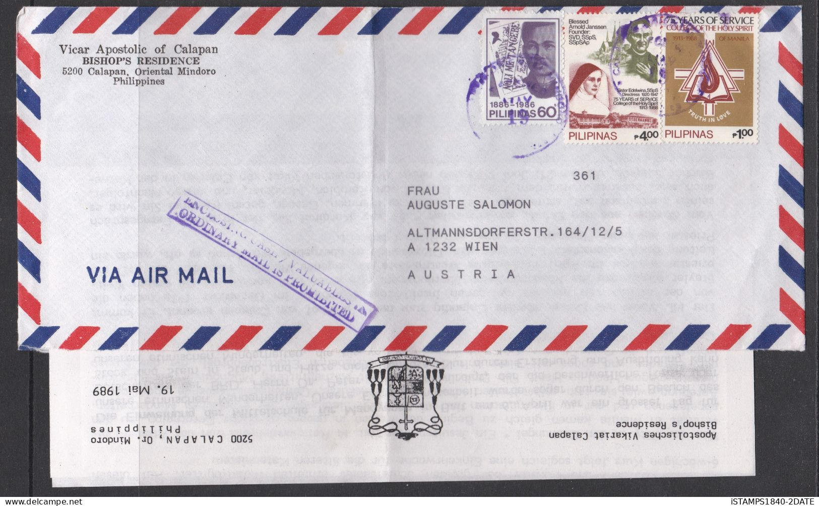 001232/ Philippines Airmail Cover 1989 To Austria With Contents - Philippines
