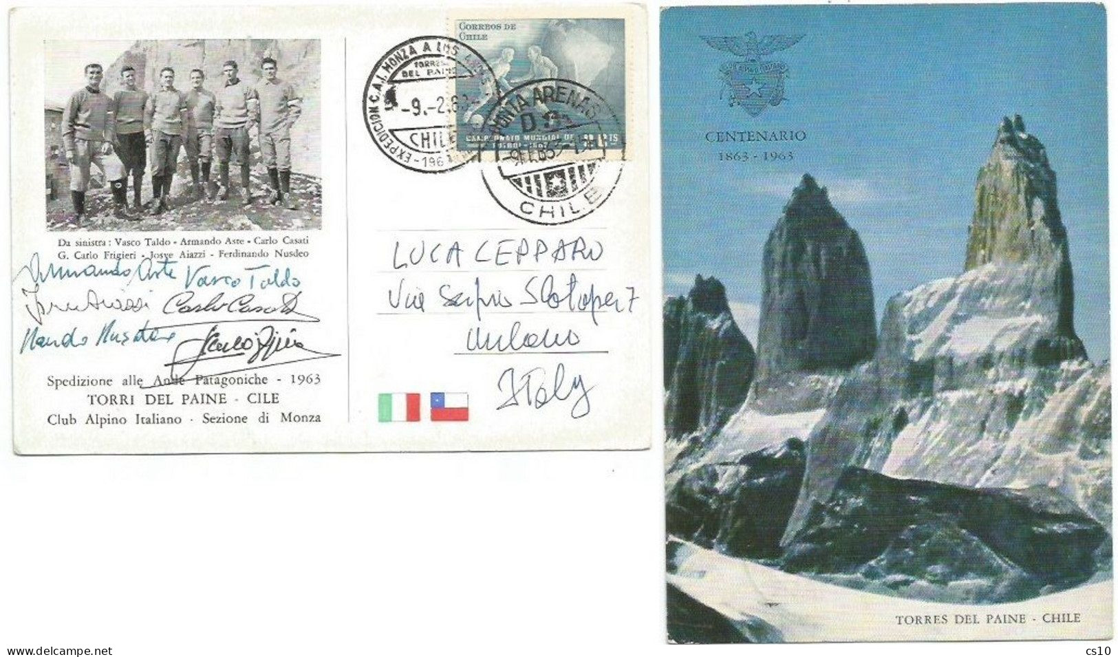 Mountaineering Ande Patagonia Chile Torres Paine Official Pcard Italy Expedition CAI Monza 1963 With 6 Handsigns !!! - Alpinismo