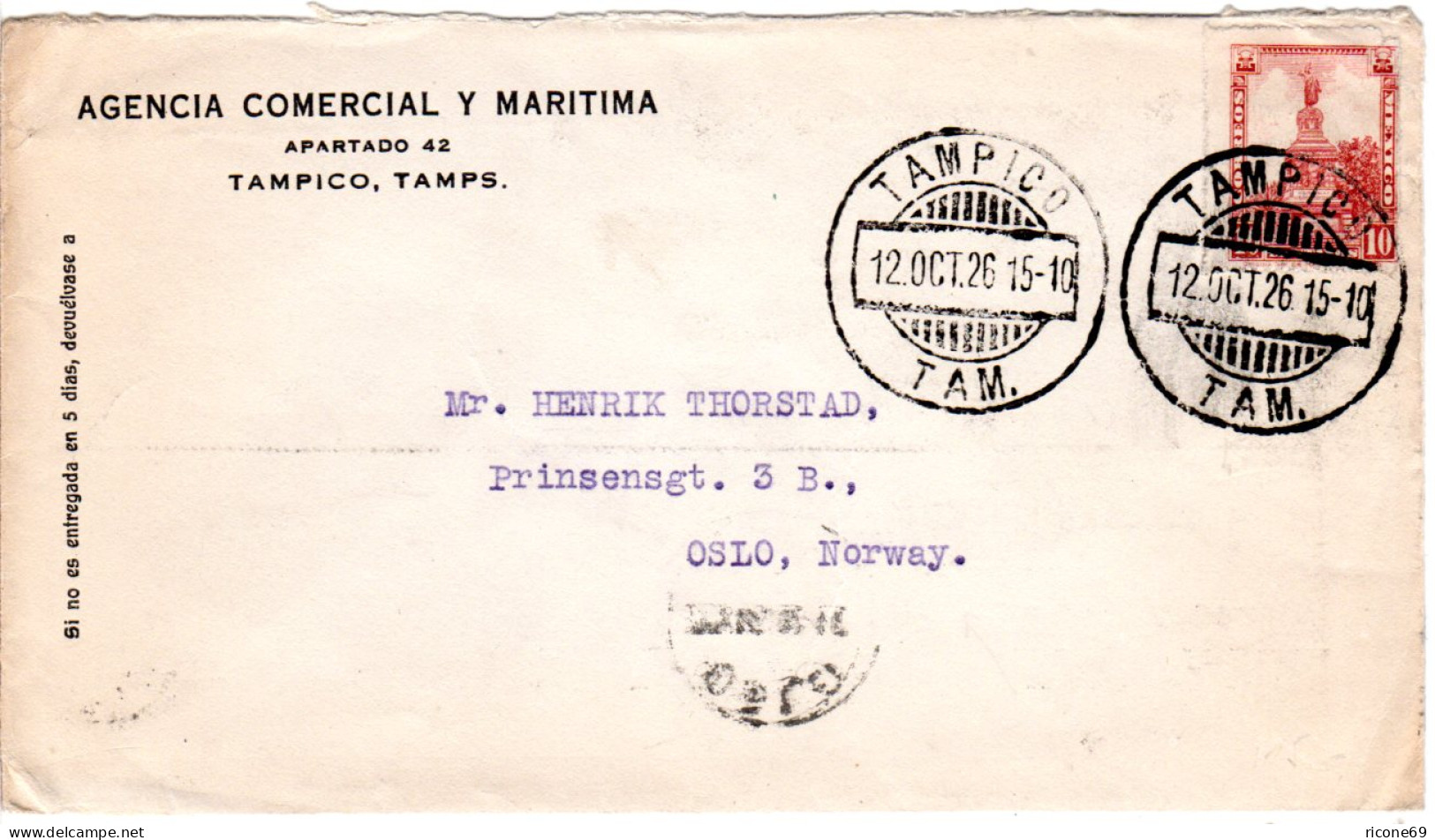 Mexiko 1926, 10 C. Auf Firmen Brief V. Tampico N. Norwegen. Destination! - Mexico