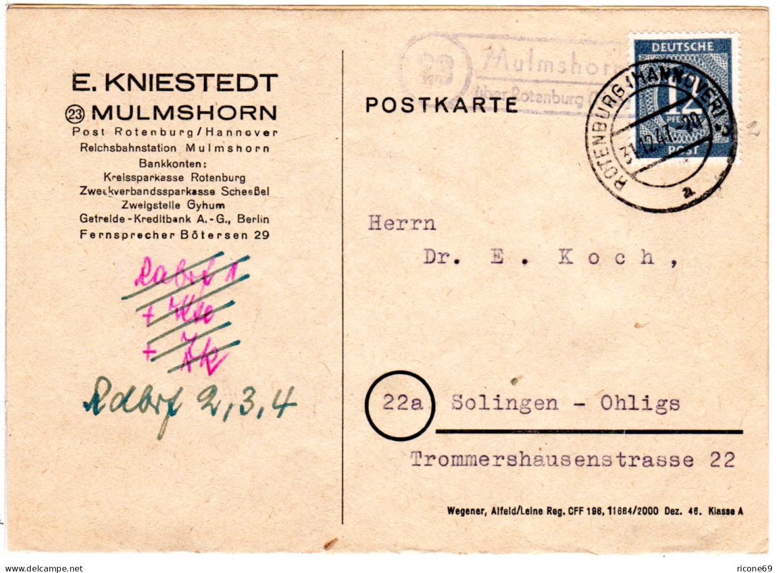 1947, Landpost Stempel 23 MULMSHORN über Rotenburg Auf Firmen Karte M. 12 Pf. - Sammlungen