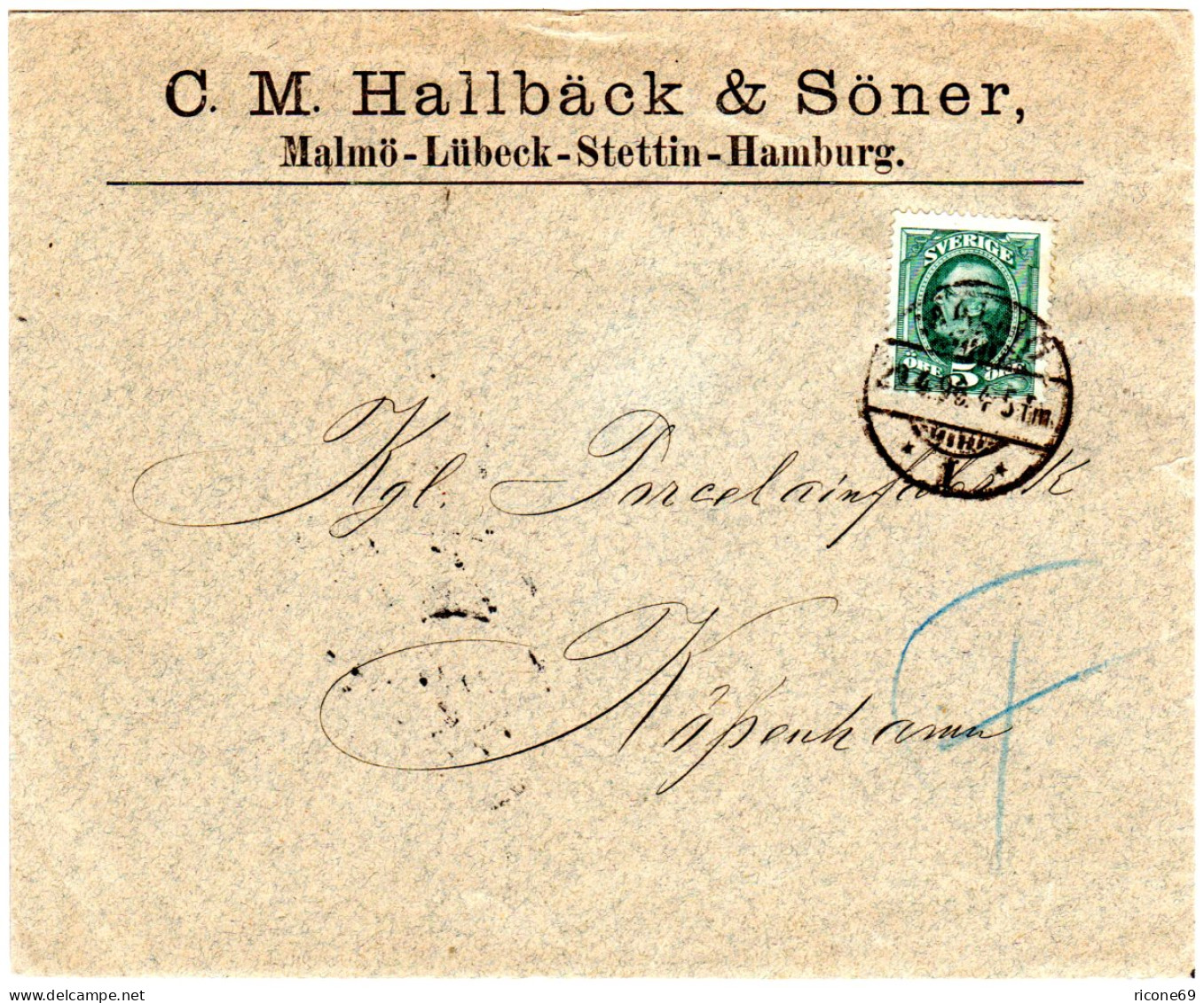 Schweden 1896, EF 5 öre Blaugrün Auf Firmen Drucksache Umschlag V. Malmö N. DK - Cartas & Documentos