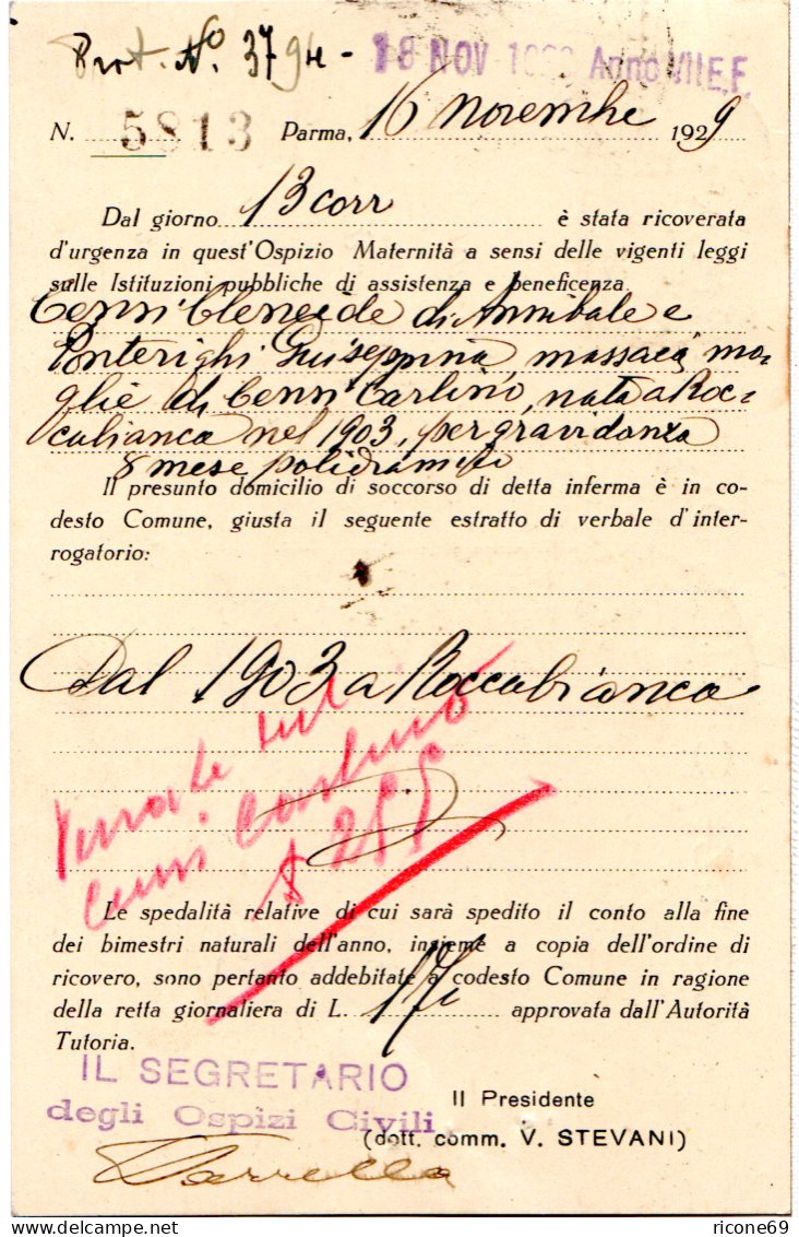 Italien 1929, 30+60 C. Auf Einschreiben Postkarte V. PARMA No.1 OLTRE TORRENTE - Unclassified