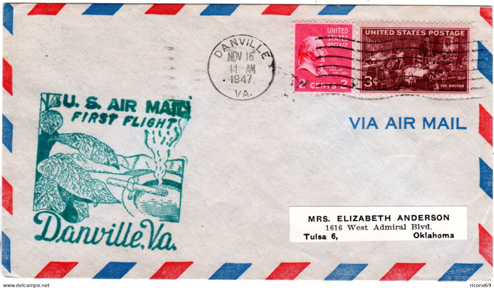 US 1947, Danville Erstflug Stpl. M. Tabakpflanze U. Zigarette, Brief M. 2+3 C. - Tabaco