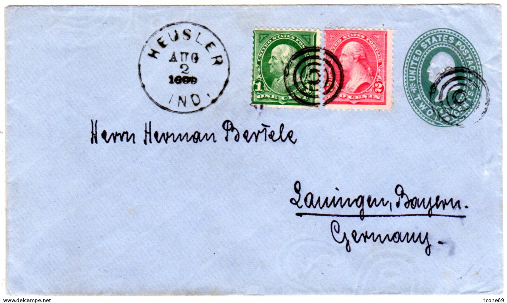 USA 1899, 1+2 C. Zusatzfr. Auf 2 C. Ganzsache Brief V. HEUSLER, Ind. N. Bayern - Otros & Sin Clasificación