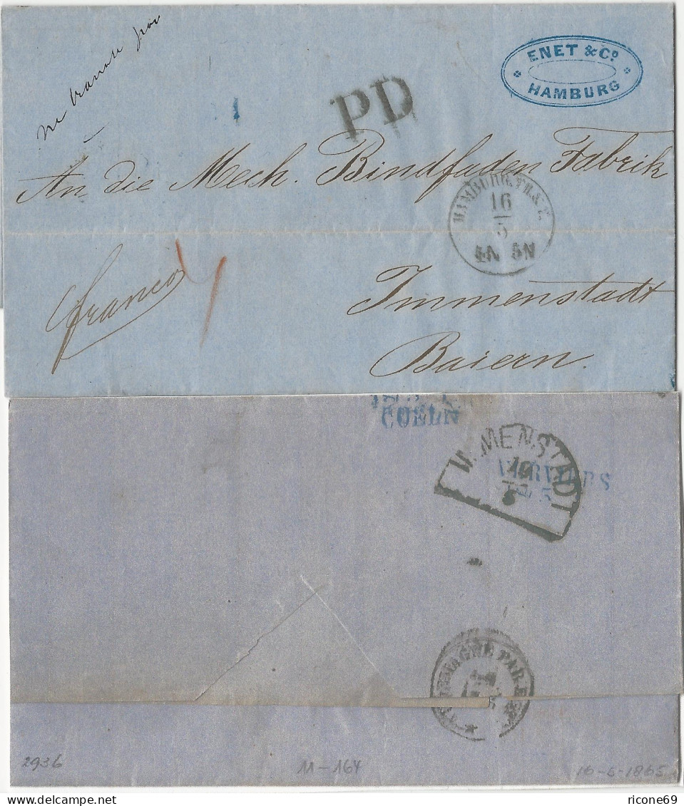 Hamburg 1865, Brief über Bahnpost Cöln U. Belgien N. Immenstadt, Bayern! - Hambourg