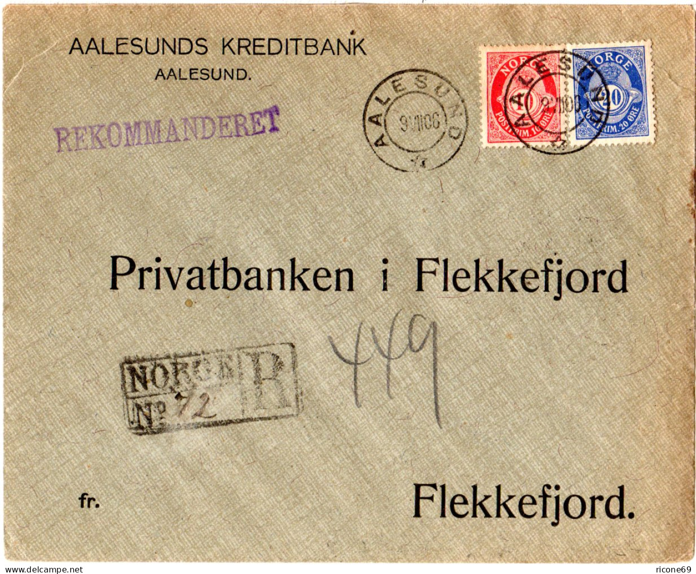 Norwegen 1906, 10+20 öre Auf Reko Bank-Brief V. Aalesund N. Flekkefjord - Lettres & Documents