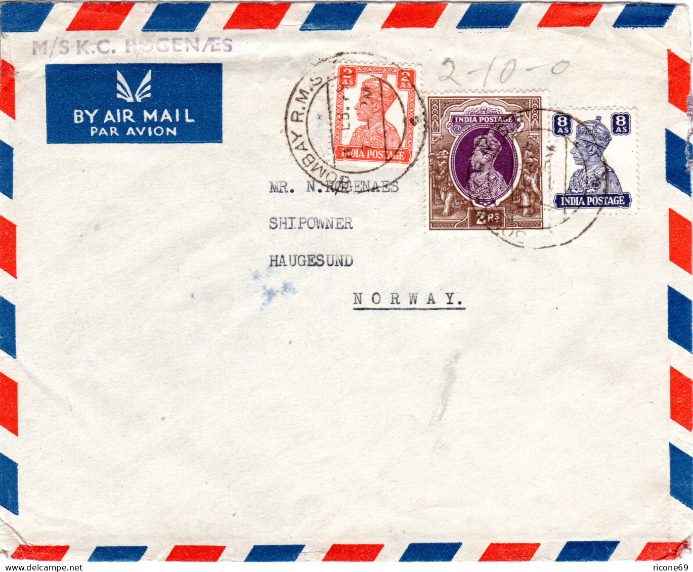Indien 1949, 2 Rp.+2+8 As.auf Luftpost Brief V. Bombay N. Norwegen M. Schiffstpl - Autres & Non Classés