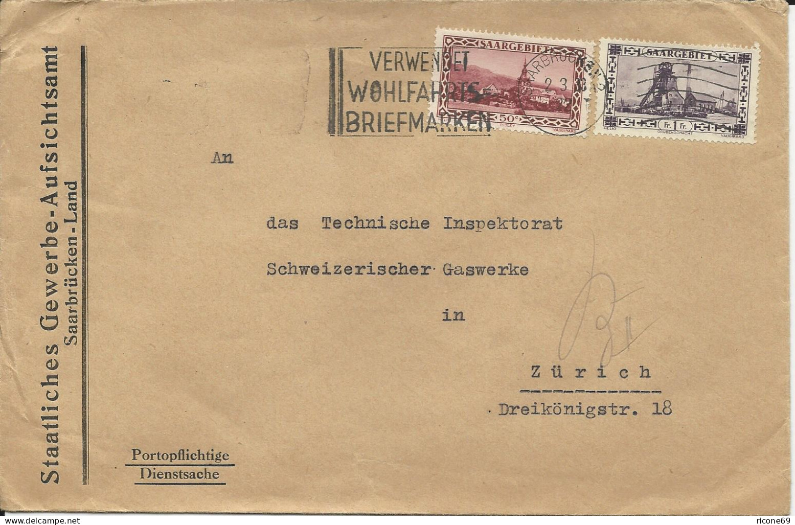 Saargebiet 1933, 50 C. +1 Fr. Auf Dienstsache Brief V. Saarbrücken I.d. Schweiz - Cartas & Documentos