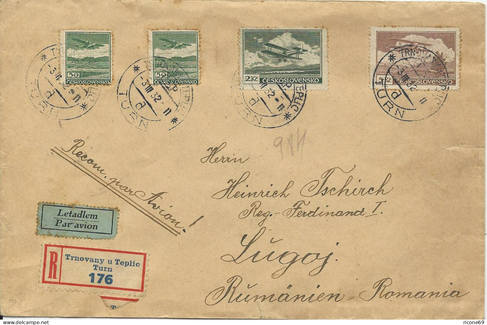 Tschechoslowakei 1932, 4 Marken Auf Reko Luftpost Brief V. Turn N. Rumänien - Altri & Non Classificati