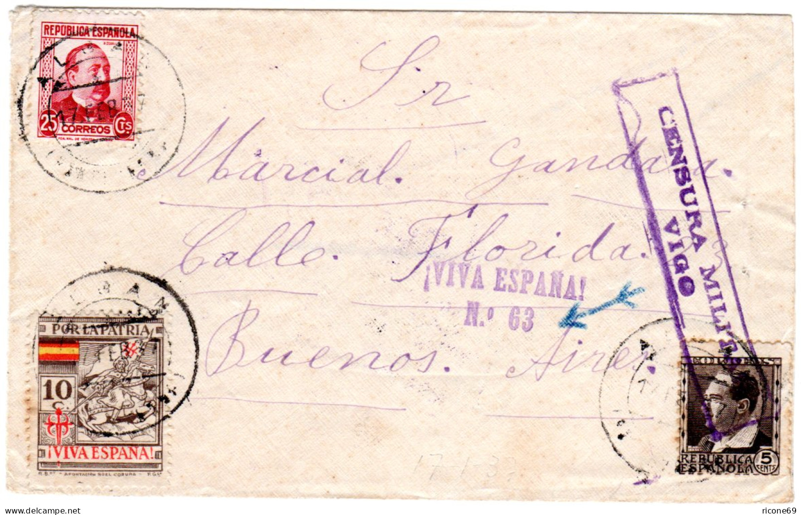 Spanien 1937, 5+25+10 C. Por La Patria Auf Zensur Brief V. ALBAN N. Argentinien - Cartas & Documentos