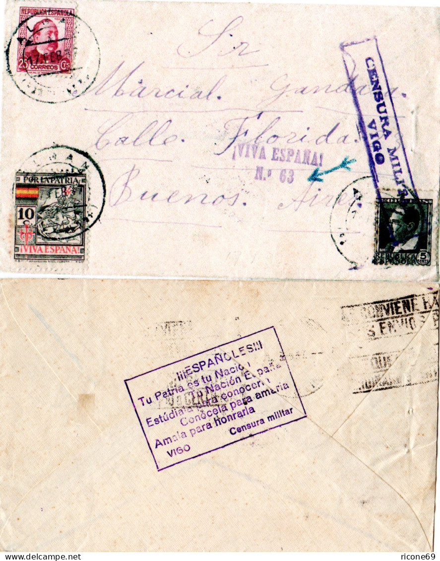Spanien 1937, 5+25+10 C. Por La Patria Auf Zensur Brief V. ALBAN N. Argentinien - Storia Postale