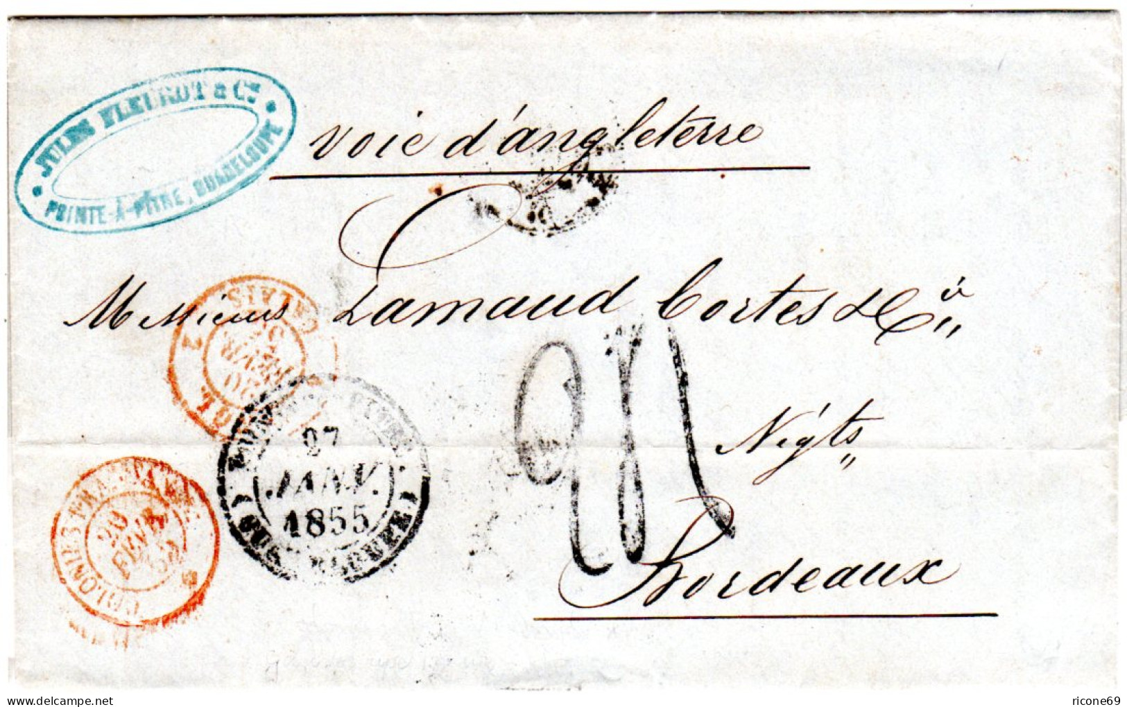 Guadeloupe 1855, K2 POINT À PITRE Auf Porto Brief Via GB N. Frankreich - Sonstige & Ohne Zuordnung